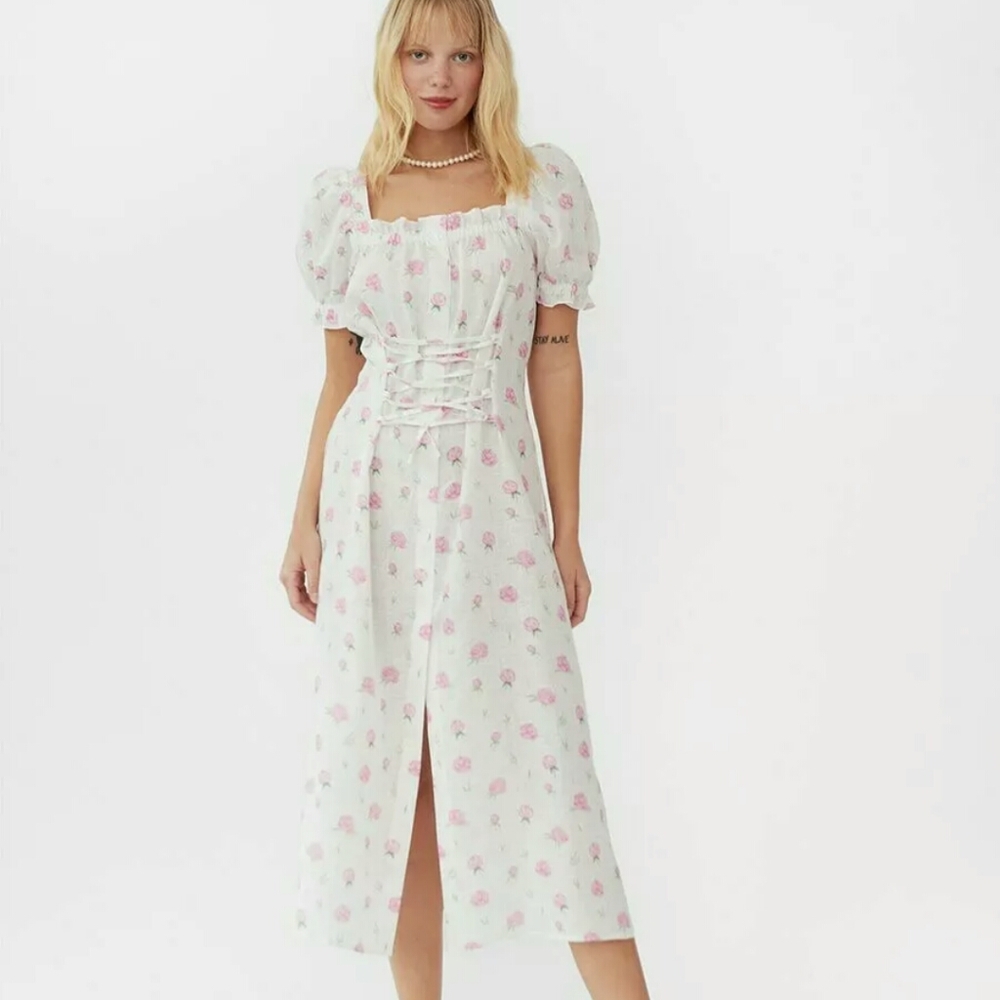 SLEEPER MARQUISE LINEN LACE UP DRESS IN ROSES XS